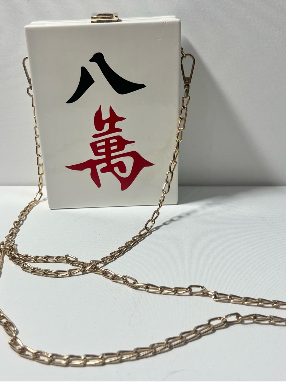 Mahjong tile design White Box shoulder bag with Gold Chain Strap